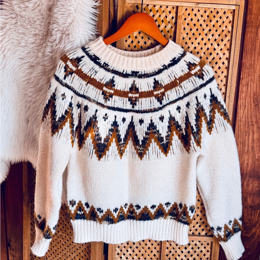 Heartloom Fair Isle White and Brown Patterned Sweater - Picture 2 of 4